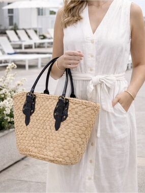 Vintage Straw Studios Woven Straw Tote  Leather Handles Coastal Large Market Bag